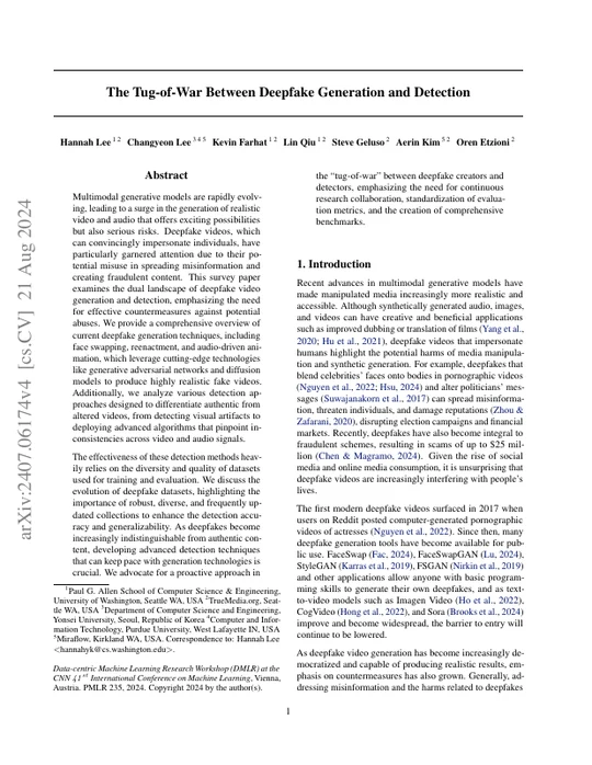 First page of The Tug-of-War Between Deepfake Generation and Detection.